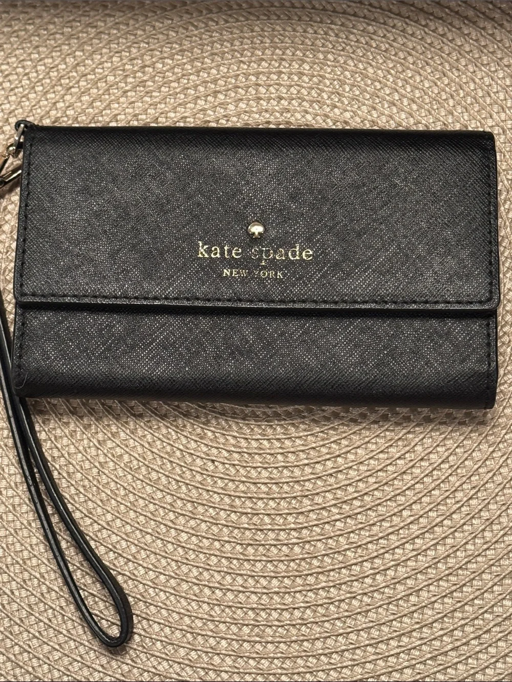 kate spade Black Saffiano Leather Wristlet Clutch with Gold Logo